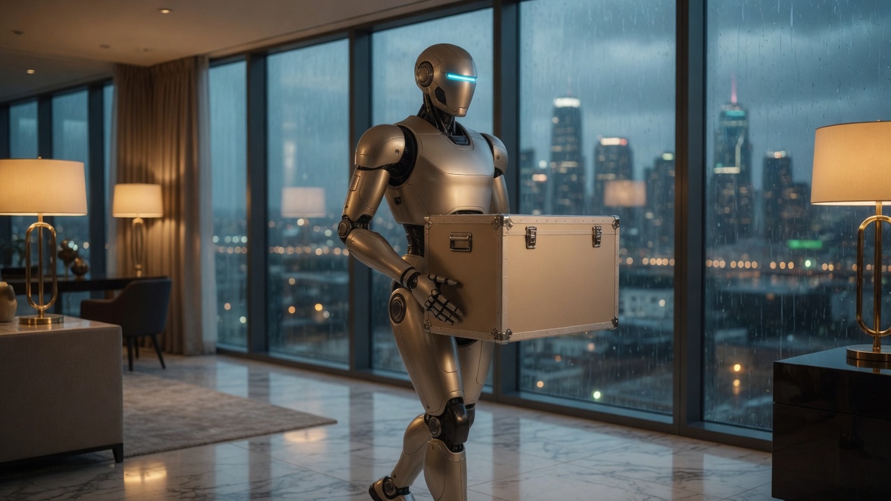 Atlas-class humanoid carrying a sealed crate through a rain-lit penthouse
