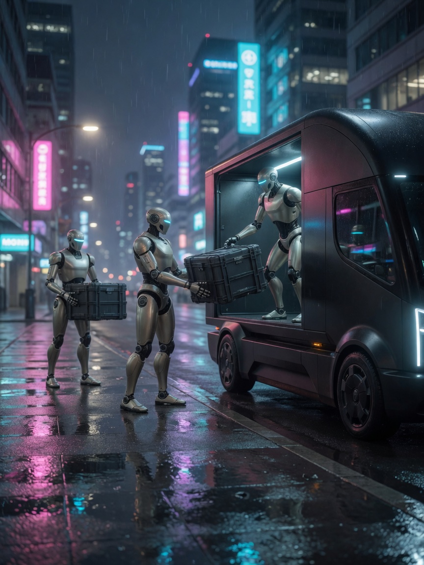 Three Atlas units loading crates into an autonomous electric Hauler on a rain-slick street