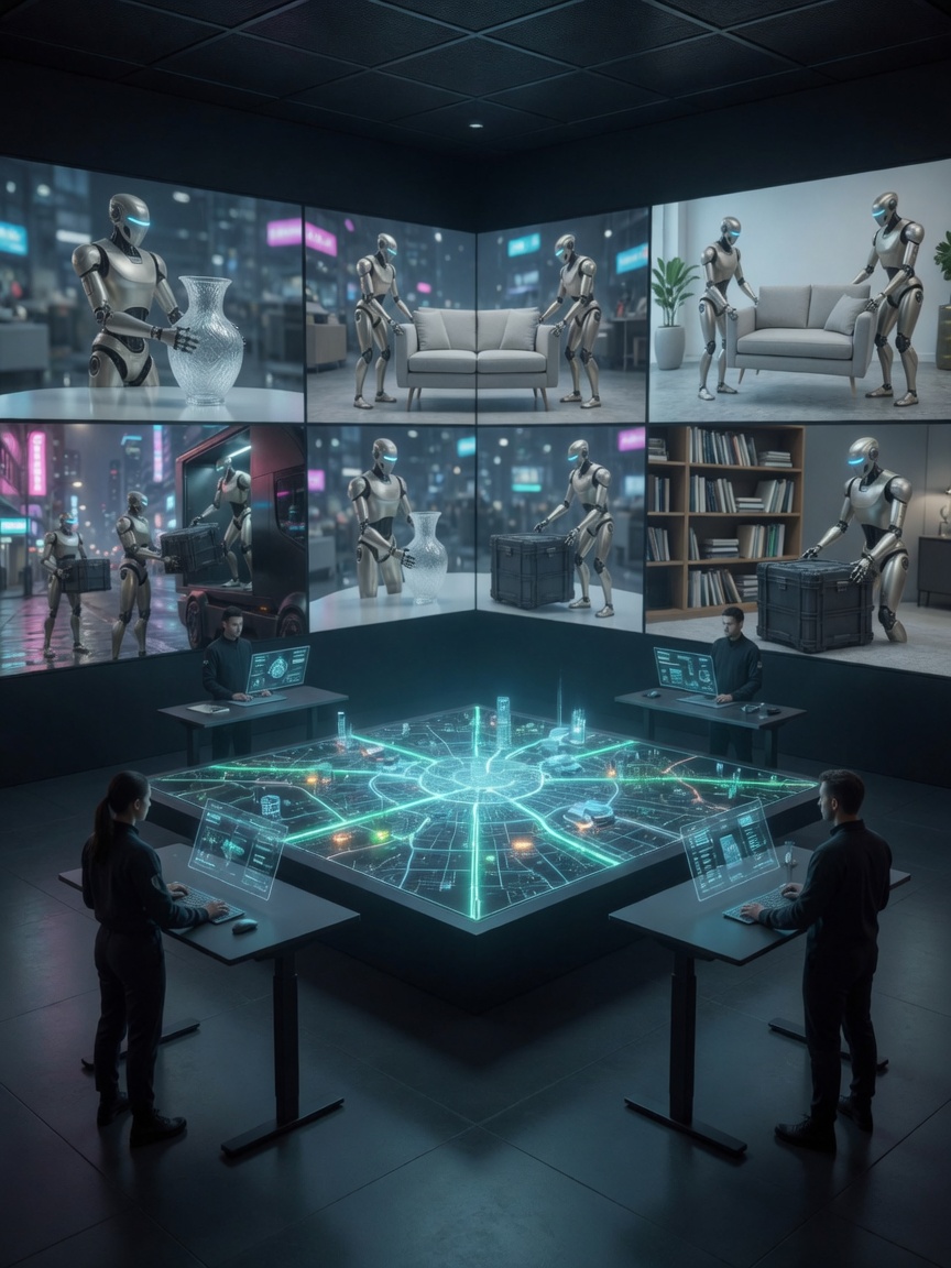 Humanoid Movers operations center with a holographic city map and live robot feeds