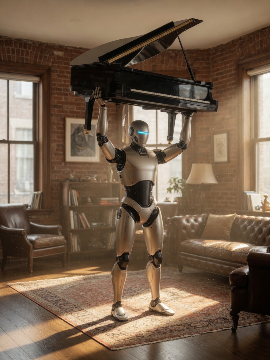 Atlas lifting a concert grand piano in a sunlit brownstone